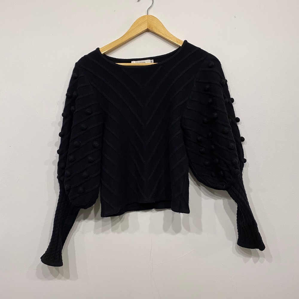 Avantlook Womens Black Chevron Knit Pom Pom‎ Puff Sleeve Sweater Size Medium